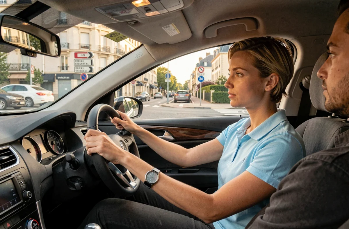 Jeune femme en cours de conduite avec un moniteur à Créteil, auto-école Abripoints