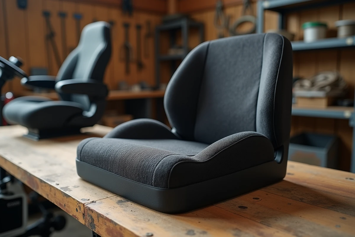 Accessoires pour siège de tracteur : coussin gel, support lombaire, repose-bras et housse anti-vibration posés sur un établi en bois