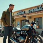 Acheteur inspectant une moto d'occasion chez un concessionnaire à Agde avant l'achat