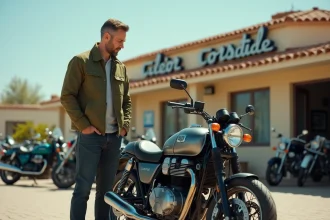 Acheteur inspectant une moto d'occasion chez un concessionnaire à Agde avant l'achat