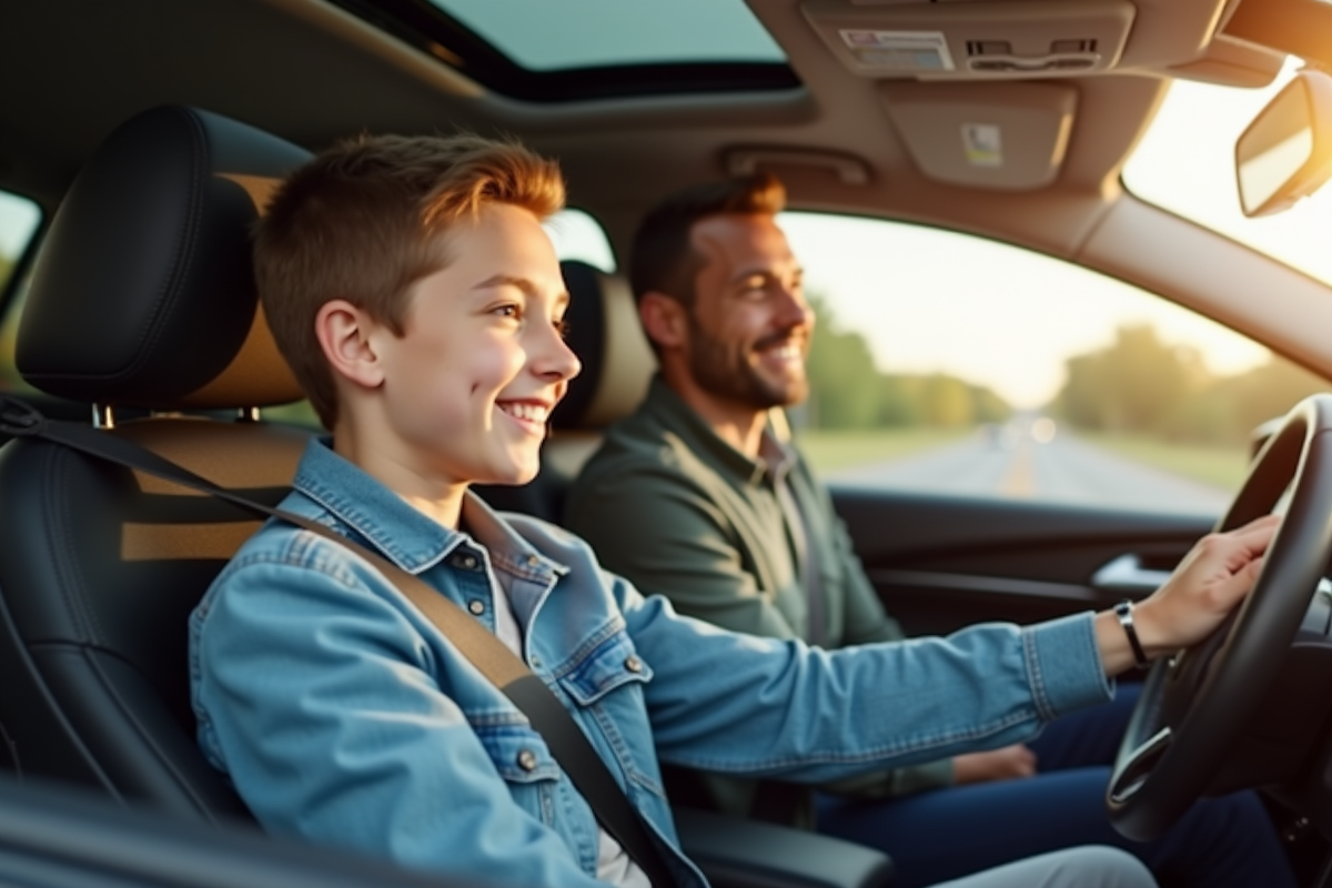 Ado souriant en voiture avec instructeur dans l’habitacle