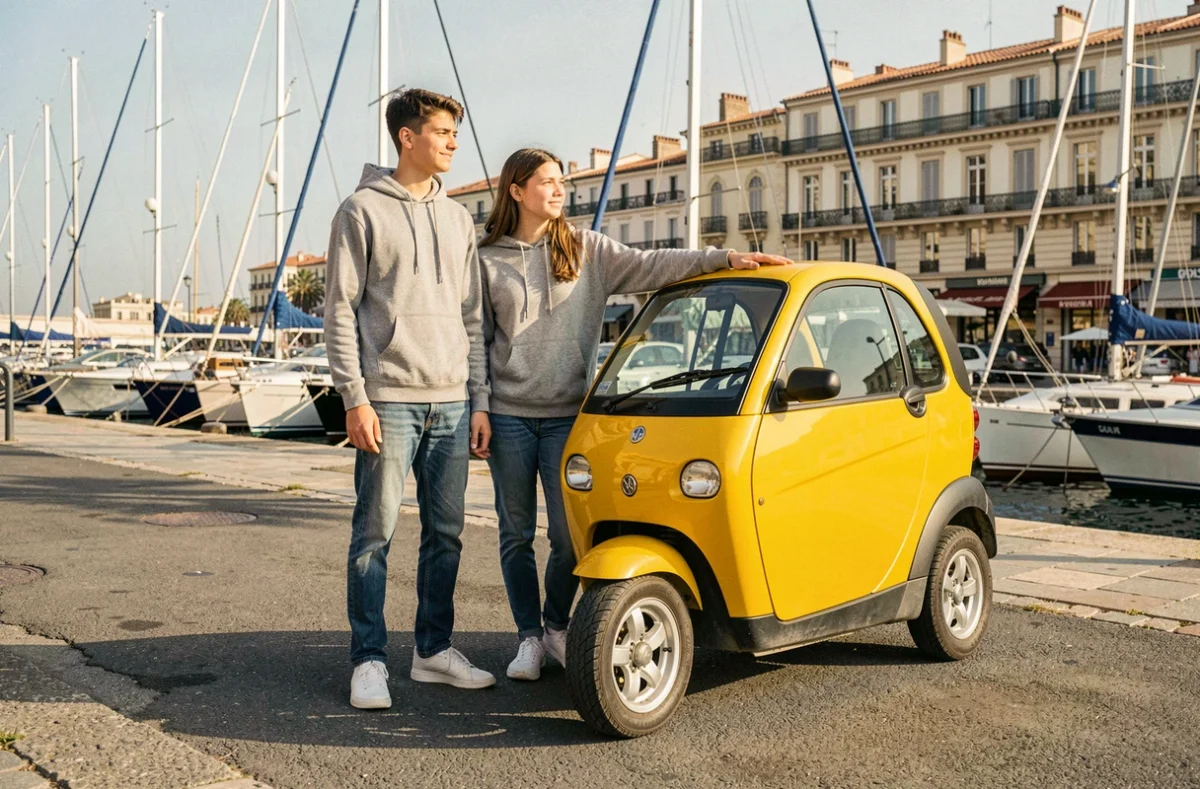 Deux jeunes adolescents près d'une voiture sans permis sur le Vieux-Port de Marseille