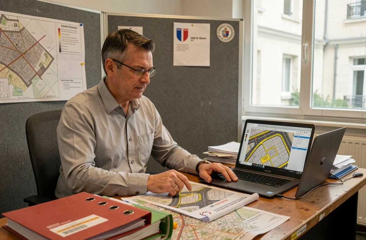 Agent municipal de la mairie examinant un plan de voirie avec des zones de livraison marquées, dans un bureau administratif avec documents réglementaires
