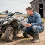 Agriculteur examinant son quad agricole avec un document d'assurance à la main dans une ferme rurale