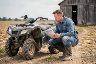 Agriculteur examinant son quad agricole avec un document d'assurance à la main dans une ferme rurale
