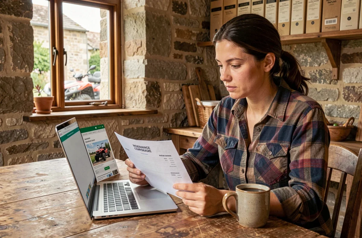 Agricultrice comparant des devis d'assurance pour quad agricole sur ordinateur dans une cuisine de ferme