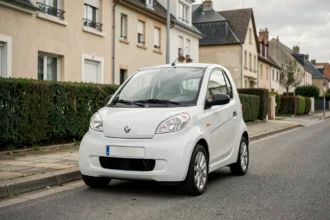 Aixam électrique blanche d'occasion garée dans une rue résidentielle française, vue trois quarts avant