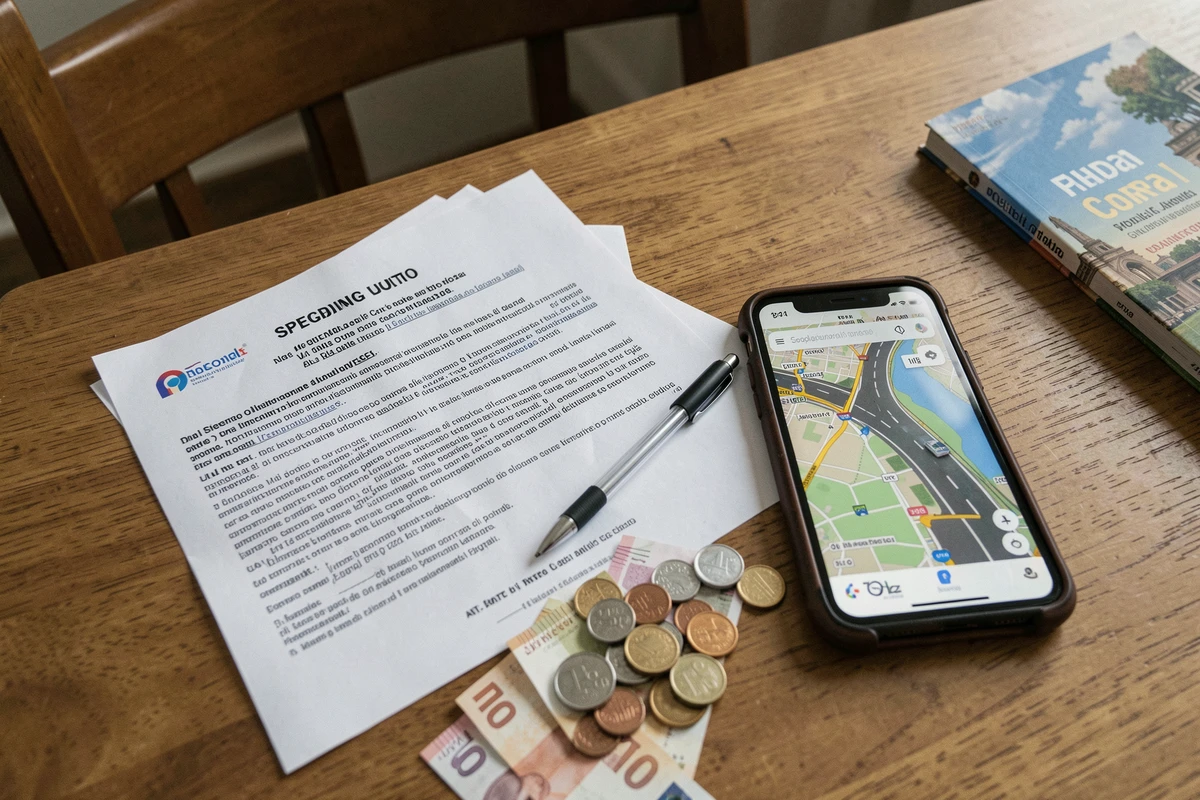 Document d'amende italienne pour excès de vitesse posé sur un bureau avec euros et smartphone