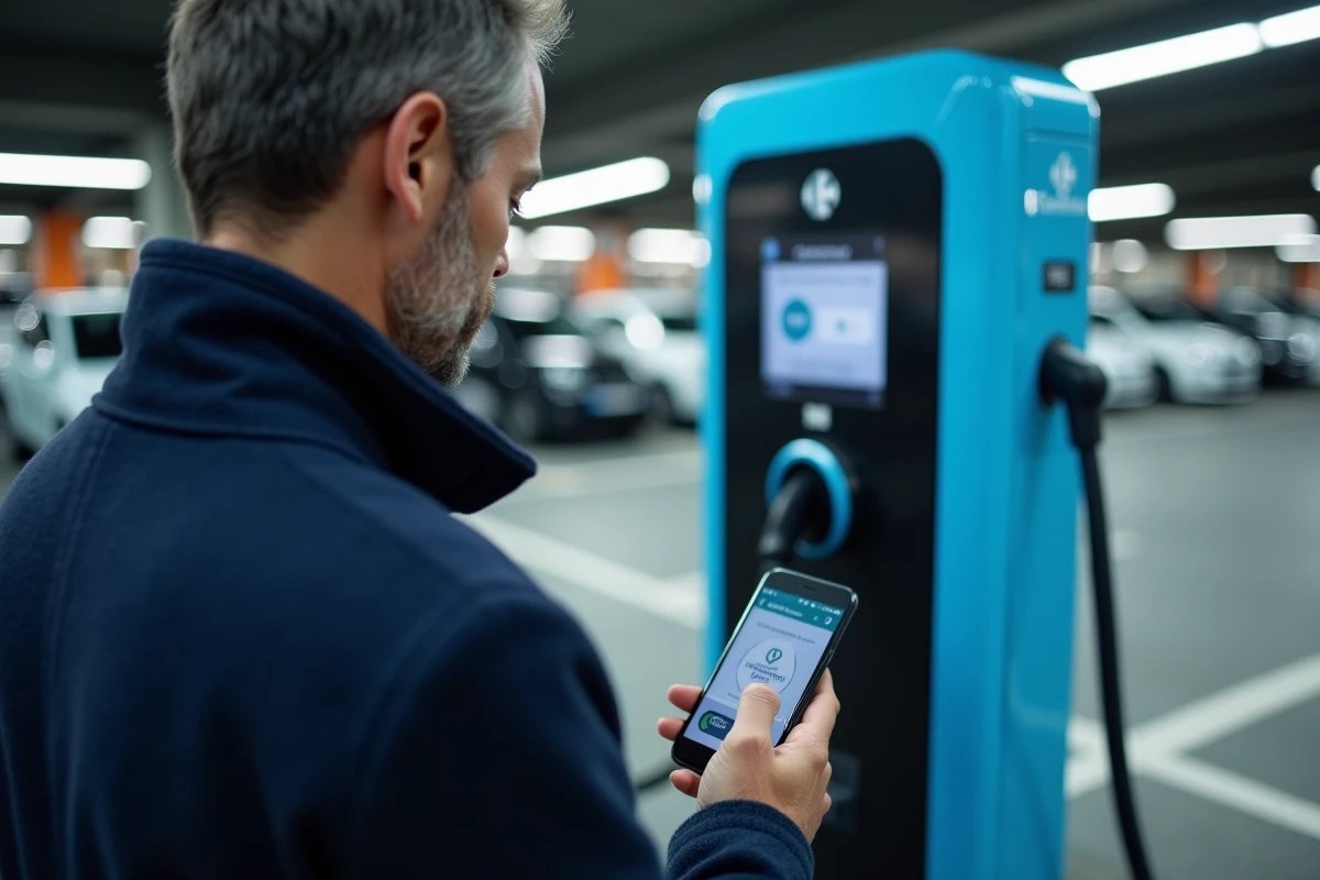 Homme utilisant une application mobile pour activer une borne de recharge pour voiture électrique chez Carrefour