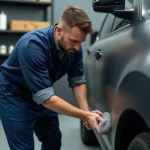 Professionnel appliquant un polish mat sur une carrosserie de voiture gris anthracite en atelier de detailing