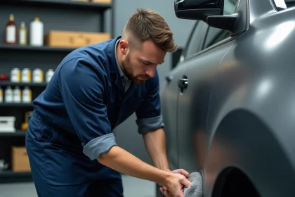 Professionnel appliquant un polish mat sur une carrosserie de voiture gris anthracite en atelier de detailing