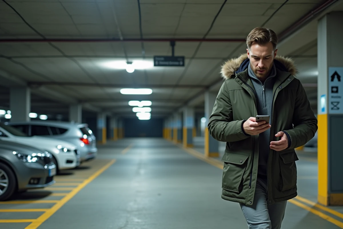 Homme consultant une application de stationnement sur son téléphone dans le parking Rapp de Colmar