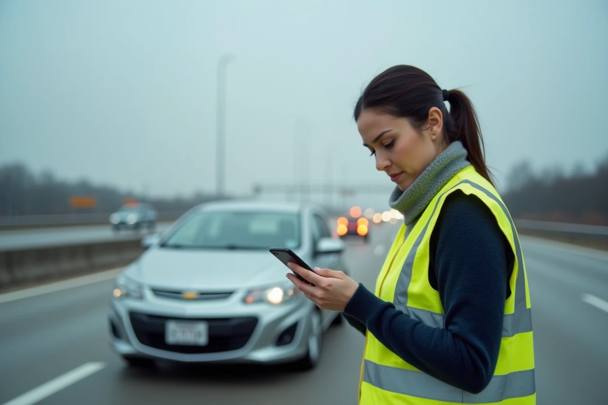 Femme en gilet de sécurité appelant de l'aide depuis la bande d'arrêt d'urgence après un problème de filtre à particules