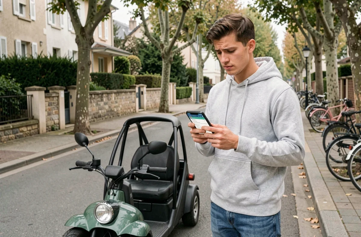 Jeune homme recherchant une assurance pour voiturette sans permis dans une rue résidentielle française