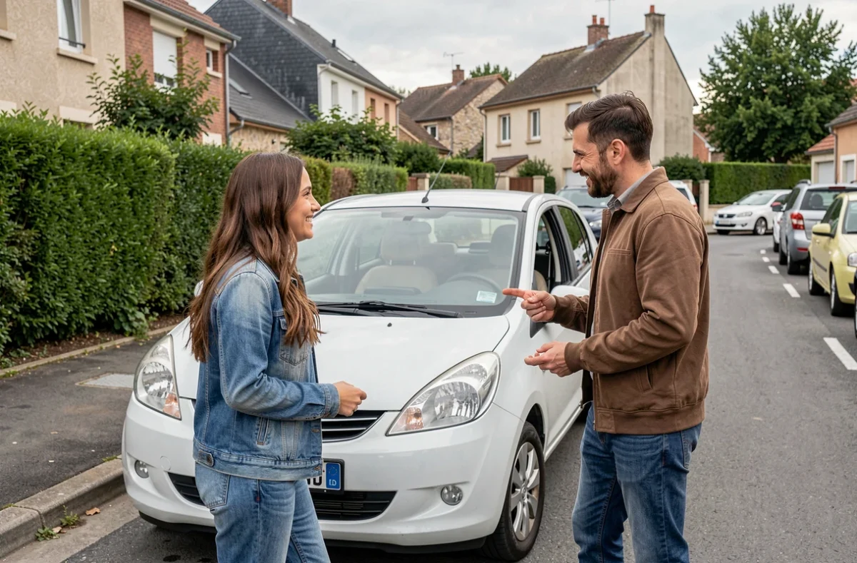 Élève et moniteur discutant devant une voiture d'auto-école à Saint-Maur-des-Fossés, Auto Ecole Kaya