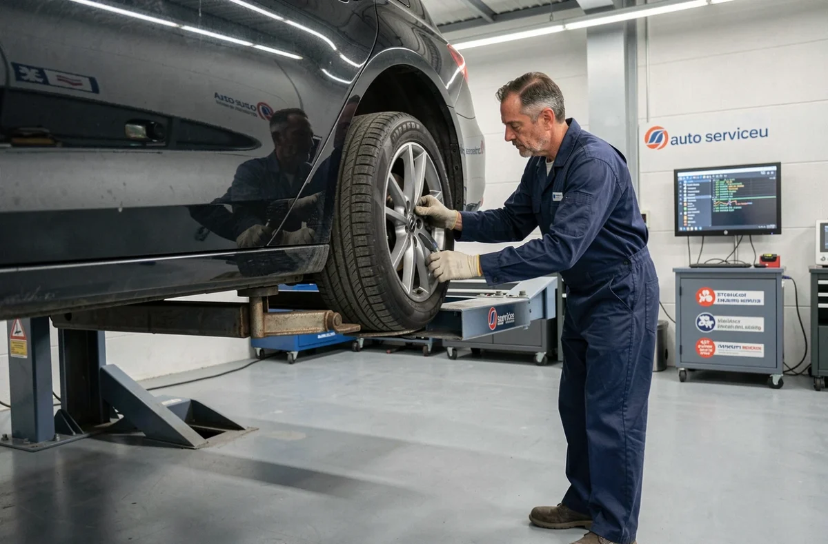 Technicien vérifiant les pneumatiques d'une berline noire au centre Auto Services Palaiseau en Essonne