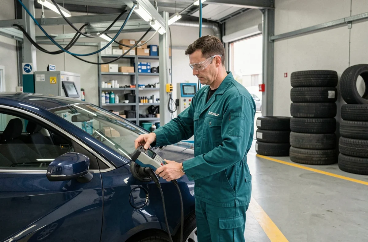Technicien utilisant un analyseur de gaz d'échappement au centre Autosur Crosne en Essonne