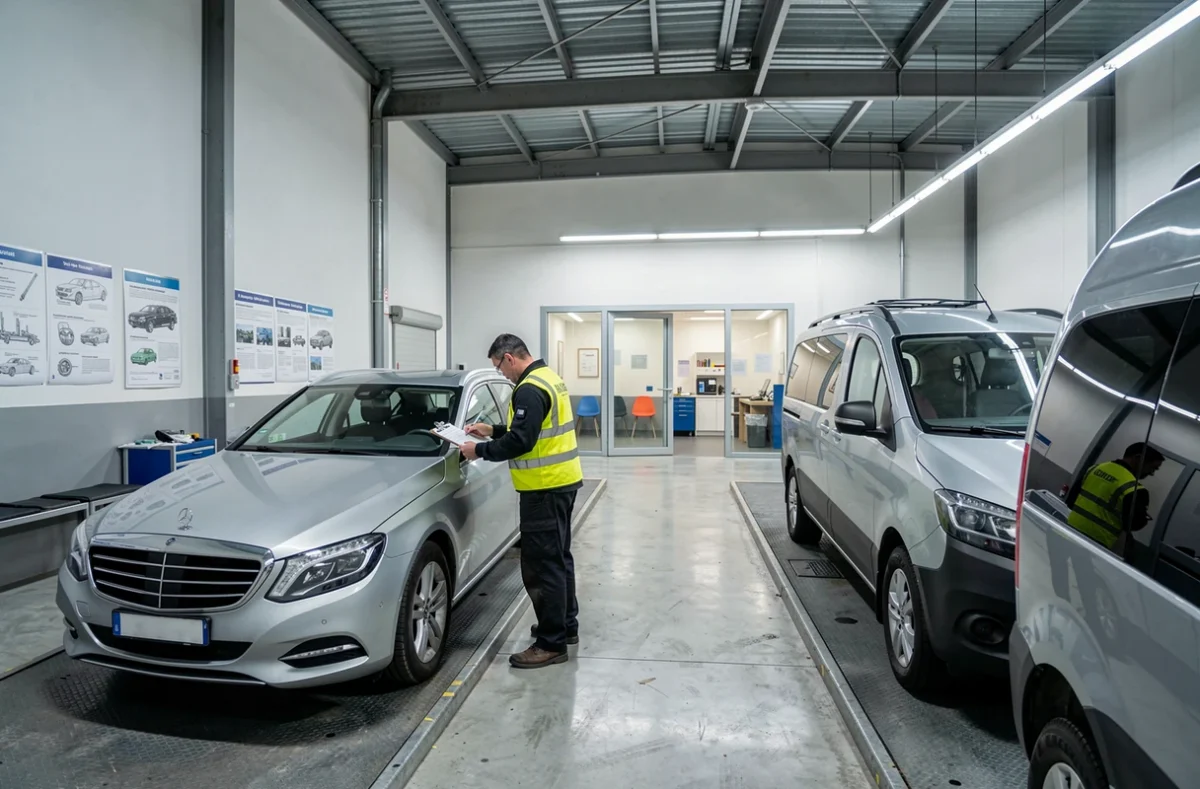 Vue intérieure de deux voies d'inspection actives au centre Autosur Fleury-Mérogis en Essonne