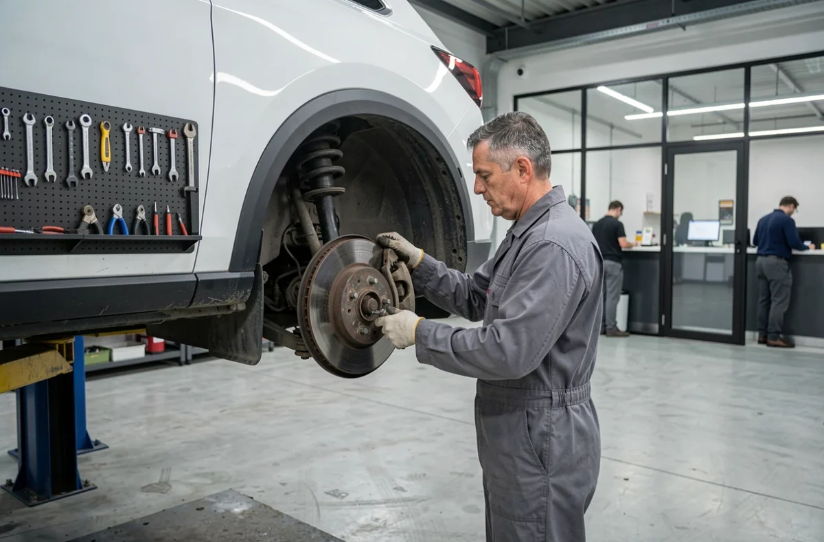 Inspection du système de freinage d'un SUV blanc au centre Autosur Igny en Essonne