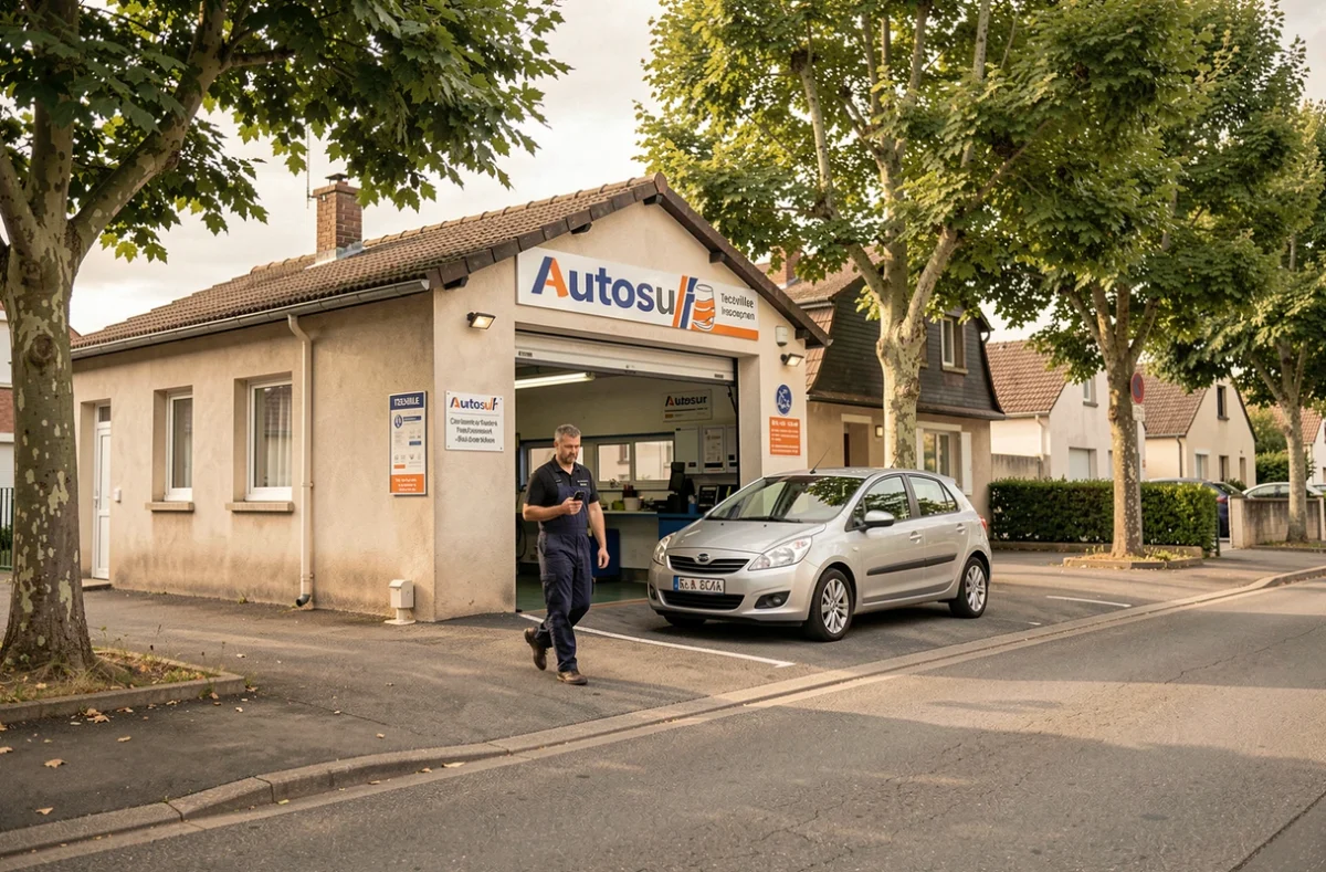Extérieur du centre Autosur Itteville avec un technicien se dirigeant vers un véhicule dans l'Essonne
