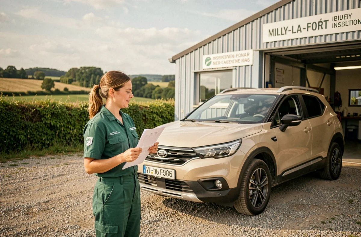 Technicienne présentant le rapport de contrôle technique au centre Autosur Milly-la-Forêt en Essonne