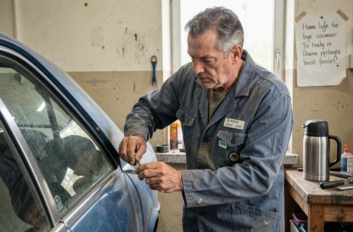 Jérôme Bimbard, artisan carrossier indépendant, mesurant avec précision un jeu de portière dans son atelier personnel