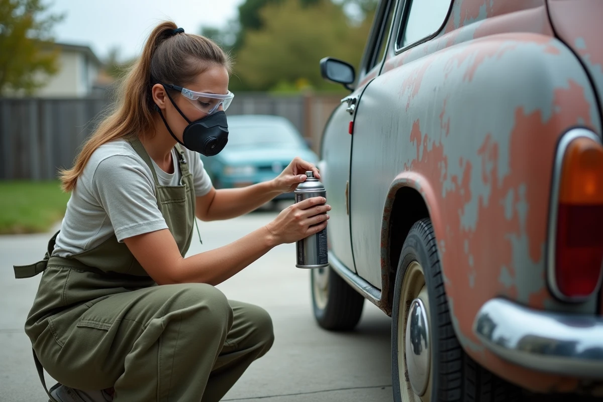 Femme appliquant une bombe peinture carrosserie sur le pare-chocs d'une voiture ancienne dans une allée résidentielle