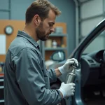 Technicien automobile appliquant une bombe peinture carrosserie sur un panneau de portière dans un atelier de réparation auto