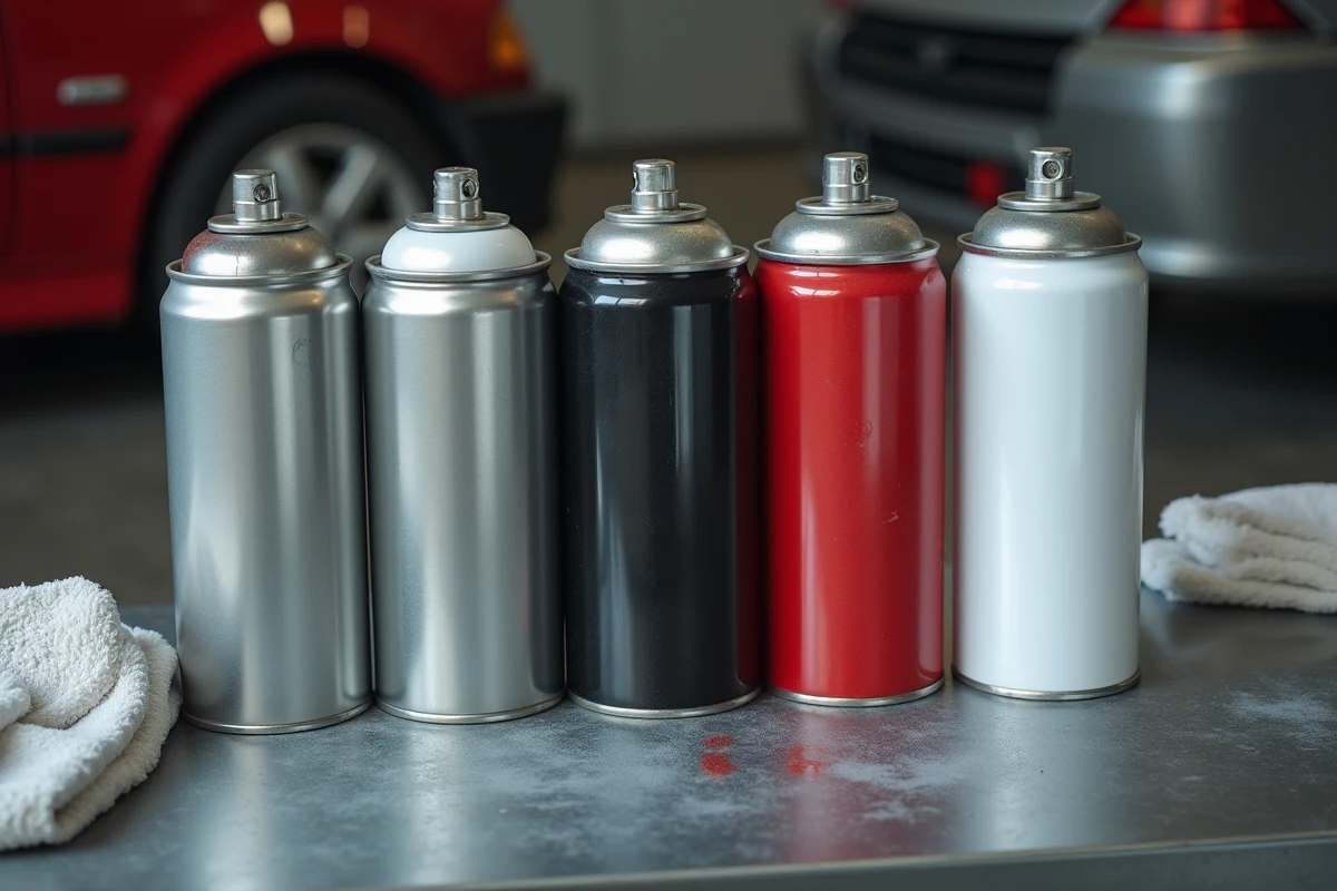 Sélection de bombes peinture carrosserie en différentes couleurs posées sur un établi de garage avec résidus de peinture