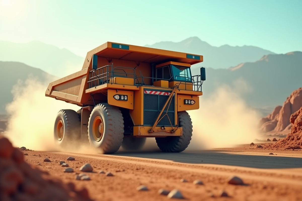 Camion benne robuste en action sur un chantier poussiereux
