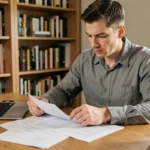 Candidat au permis de conduire révisant un guide de questions imprimé à son bureau à domicile
