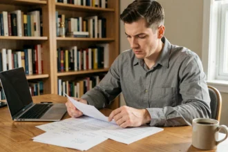 Candidat au permis de conduire révisant un guide de questions imprimé à son bureau à domicile