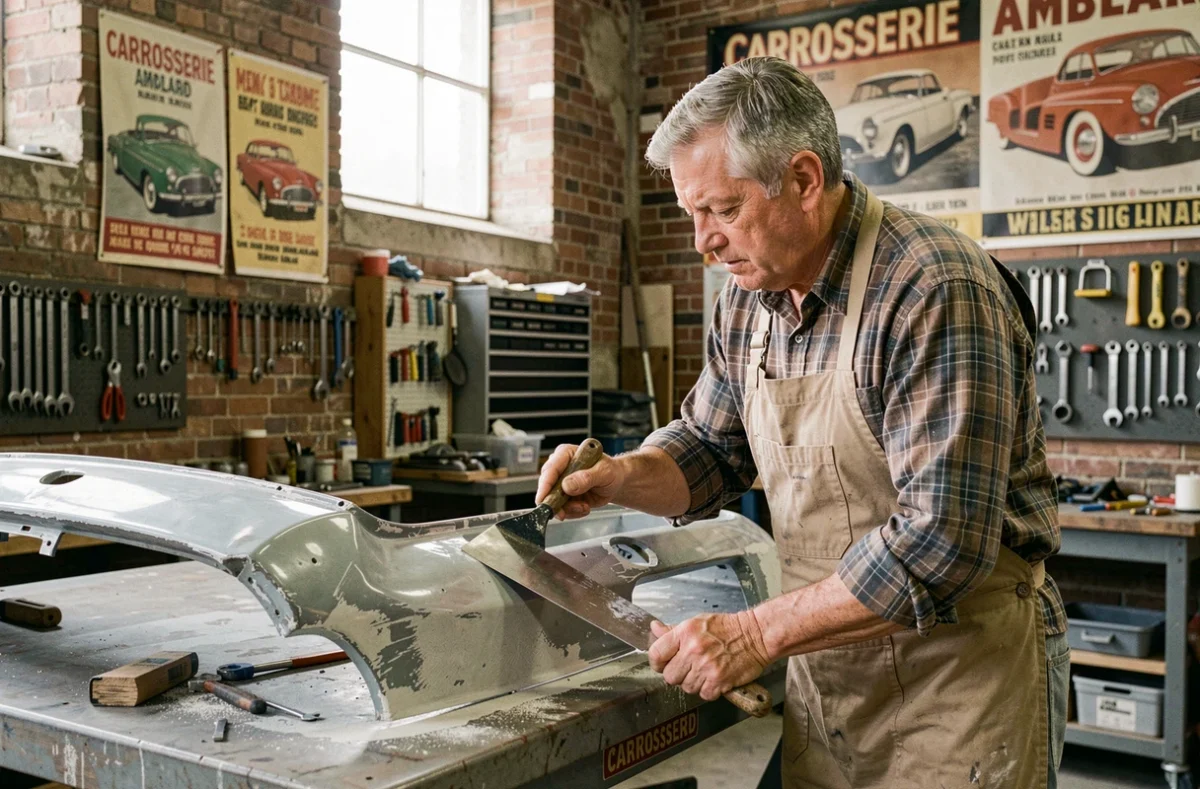 Spécialiste en carrosserie chez Carrosserie Amblard appliquant du mastic sur un pare-chocs dans un atelier traditionnel