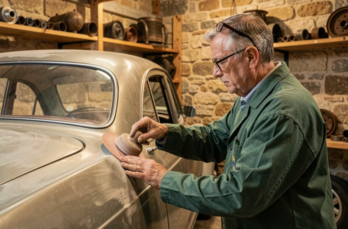 Artisan de Carrosserie de Beaulieu ponçant à la main le panneau arrière d'une berline ancienne dans un atelier en pierre