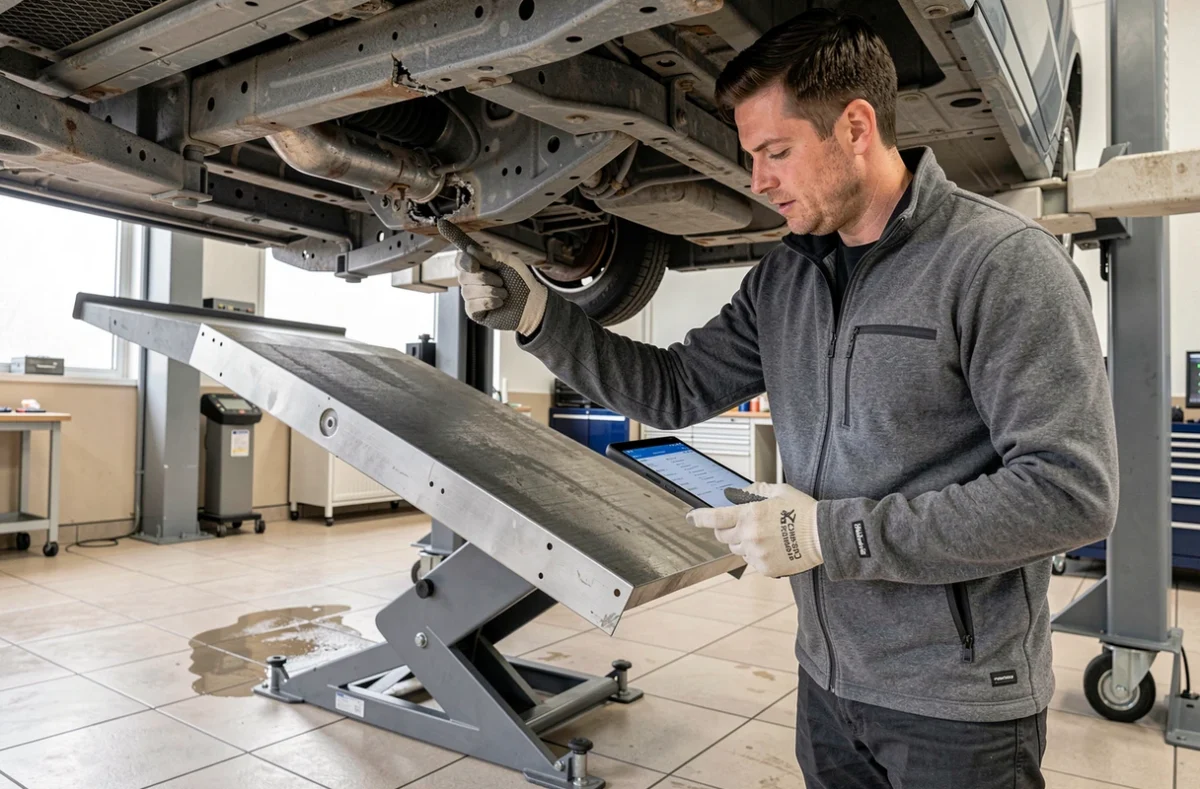 Technicien de Carrosserie Desmartin inspectant le châssis d'un véhicule sur pont élévateur avec une tablette diagnostique