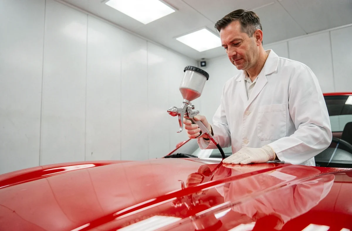 Spécialiste de Carrosserie Faucheux appliquant un vernis de finition sur le capot rouge d'une voiture de sport dans une cabine de peinture