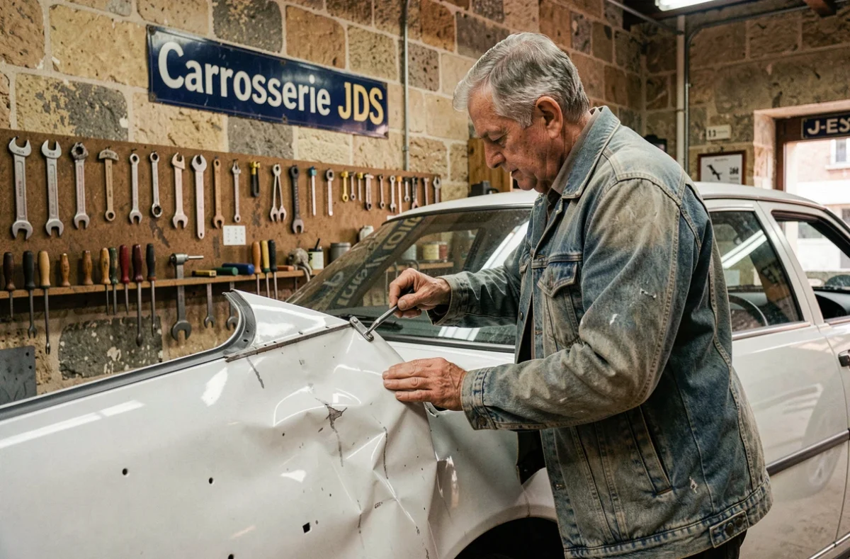 Carrossier senior de la Carrosserie JDS redressant un panneau arrière froissé sur une citadine blanche dans un atelier artisanal parisien aux murs en pierre