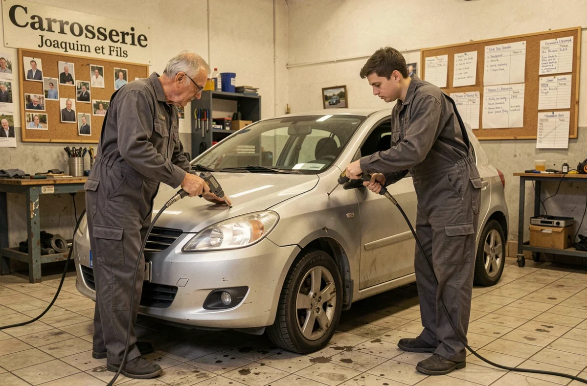 Père et fils mécaniciens chez Carrosserie Joaquim et Fils redressant une aile avant sur une voiture argentée