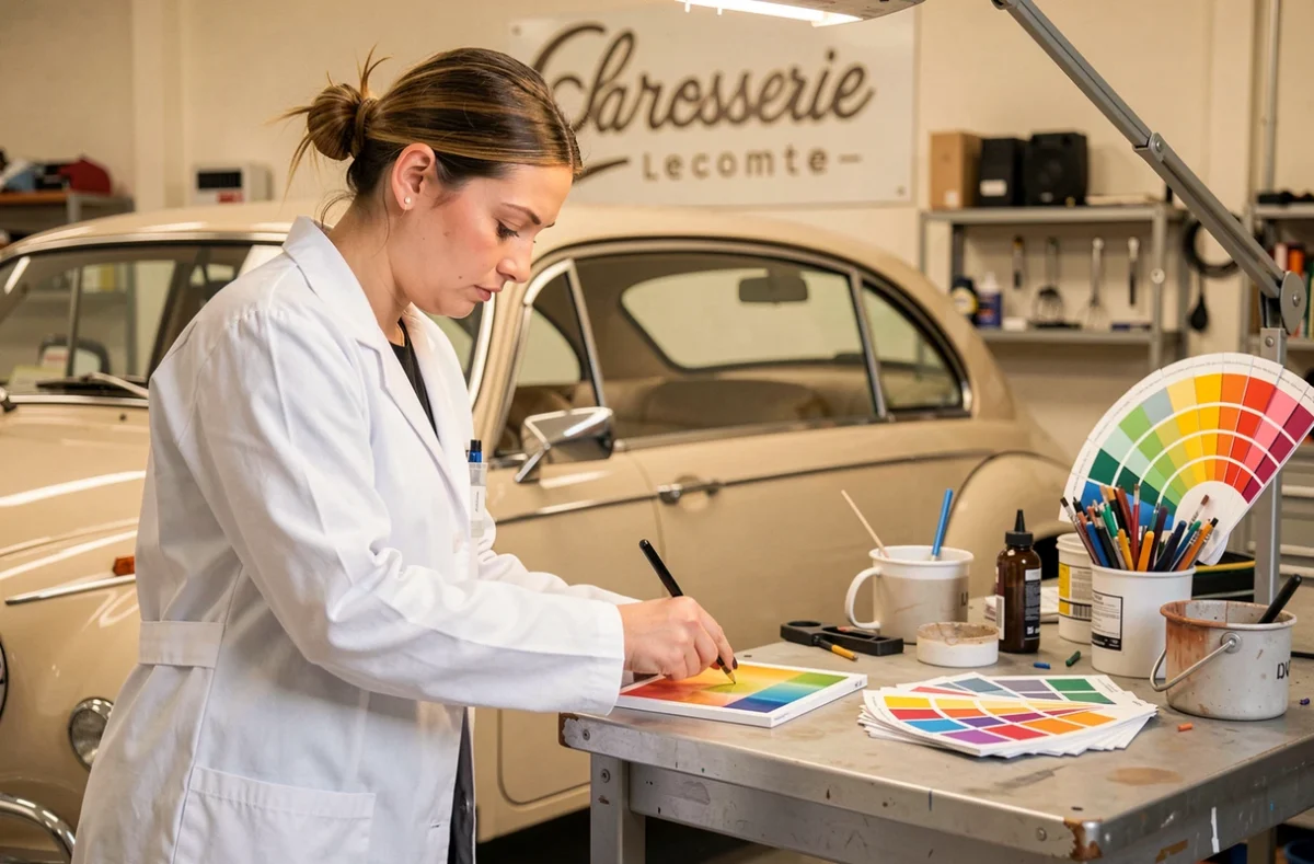 Spécialiste de la Carrosserie Lecomte réalisant un calepinage de teinte de peinture sur un panneau test à côté d'une berline vintage beige