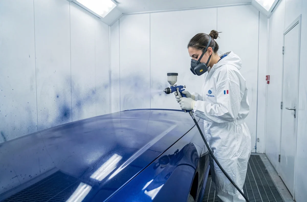 Peintre automobile chez Carrosserie Mestre en combinaison blanche appliquant une peinture métallisée bleue dans une cabine de peinture