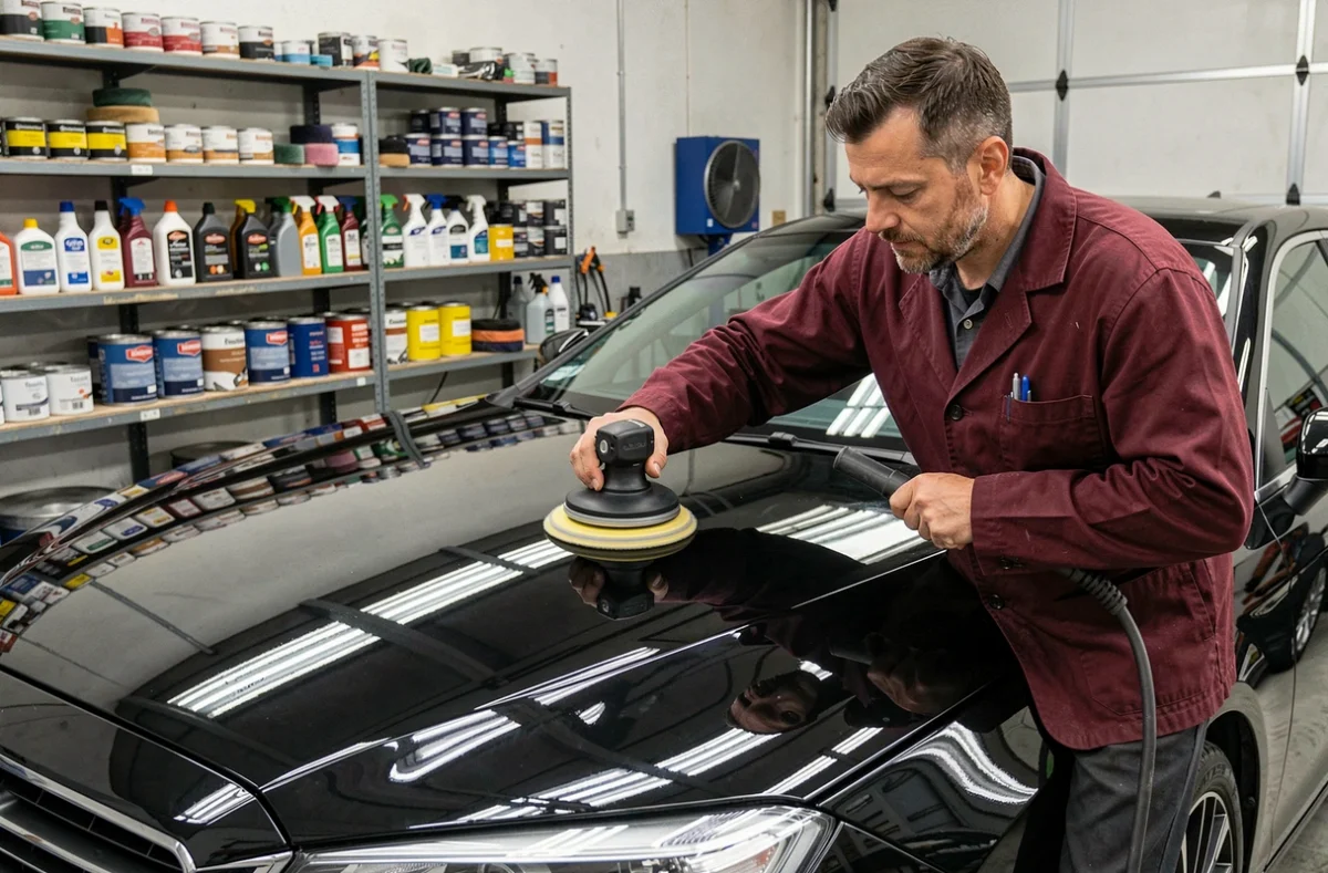 Carrossier chez Carrosserie Taillandier polissant le capot d'une berline noire avec une polisseuse rotative