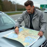 Homme consultant une carte routière de France dépliée sur le capot d'un SUV dans une aire d'autoroute