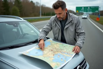 Homme consultant une carte routière de France dépliée sur le capot d'un SUV dans une aire d'autoroute