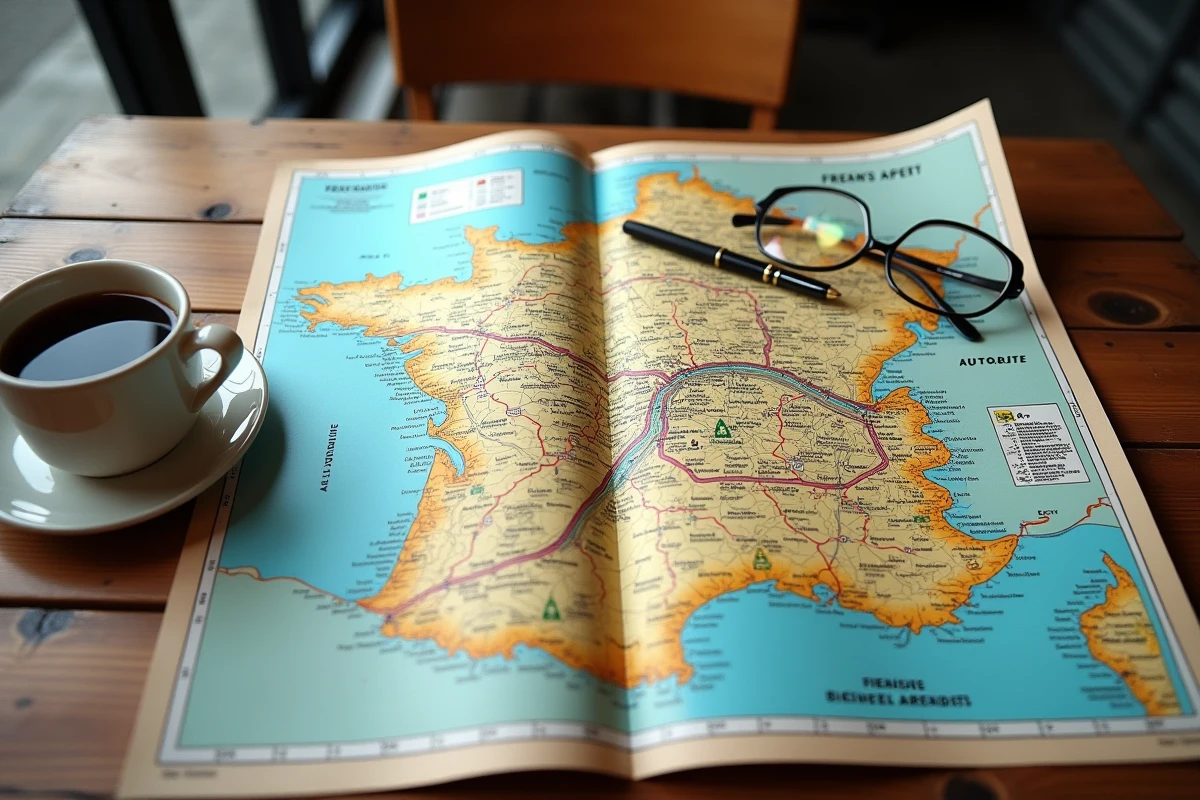 Carte des autoroutes de France dépliée sur une table de café avec des lunettes et une tasse de café