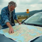 Homme d'âge moyen tracant un itinéraire sur une carte colorée devant sa voiture