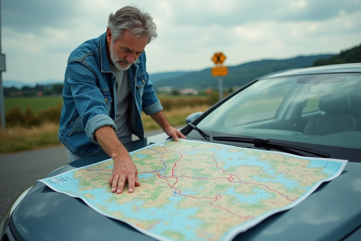 Homme d'âge moyen tracant un itinéraire sur une carte colorée devant sa voiture