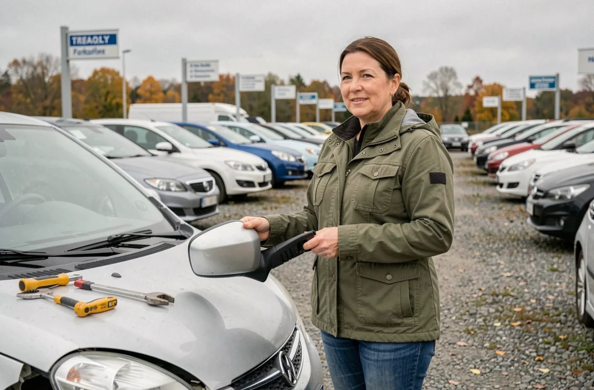 Femme retirant elle-même une pièce sur une voiture dans une casse auto en libre-service en Alsace