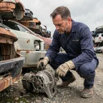 Technicien inspectant une pièce détachée dans une casse automobile à Sélestat, entouré de véhicules hors d'usage