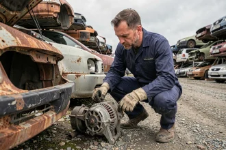 Technicien inspectant une pièce détachée dans une casse automobile à Sélestat, entouré de véhicules hors d'usage