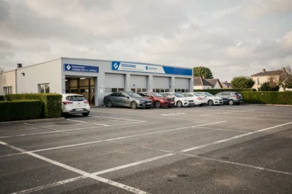 Vue générale d'un centre de contrôle technique en Essonne avec des véhicules en attente devant l'entrée